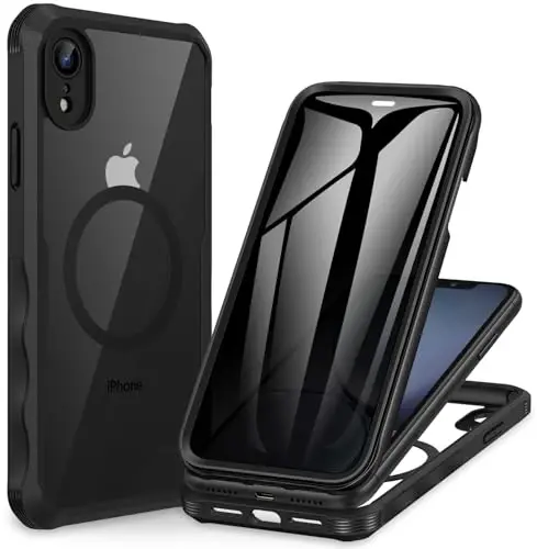 CENHUFO iPhone XR uchun Privacy Magnetic Case, to'liq tanali telefon qutisi o'rnatilgan 9H temperli shisha maxfiylik ekran himoyachisi [Magsafe bilan mos keladi] zarbaga chidamli himoya bamperi shaffof qopqoq - qora 