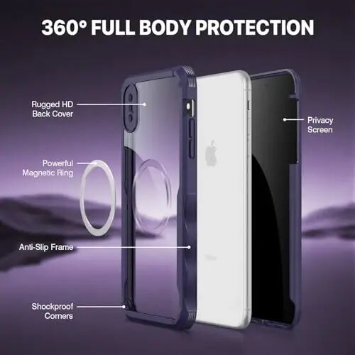 CENHUFO iPhone Xs Max için Gizlilik Manyetik Kılıf, Dahili 9H Temperli Cam Gizlilik Ekran Koruyuculu Tam Gövde Telefon Kılıfı [Magsafe ile Uyumlu] Darbeye Dayanıklı Koruyucu Tampon Şeffaf Kapak - Mor - 3