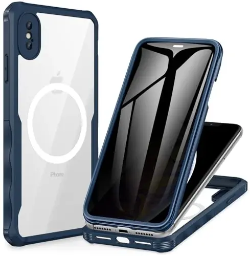 CENHUFO iPhone Xs Max Kılıf için Gizlilik Mıknatıslı, Tam Vücut Telefon Kılıfı Dahili 9H Temperli Cam Gizlilik Ekran Koruyucu [Magsafe ile Uyumlu] Darbeye Dayanıklı Koruyucu Tampon Şeffaf Kapak - Mavi 
