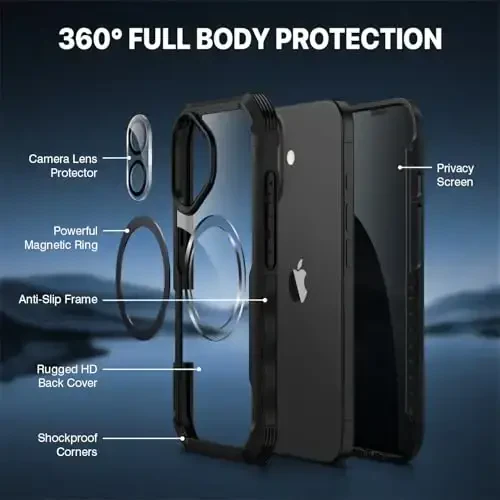 CENHUFO Magnetic Privacy for iPhone 16 Case [Compatible with Magsafe] Full Body Phone Case Built-in 9H Tempered Glass Privacy Screen Protector and Camera Lens Cover, Shockproof Bumper Clear -Black - 3