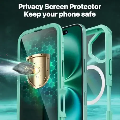 CENHUFO Magnetic Privacy for iPhone 16 Case [Compatible with Magsafe] Full Body Phone Case Built-in 9H Tempered Glass Privacy Screen Protector and Camera Lens Cover, Shockproof Bumper Clear -Green - 6