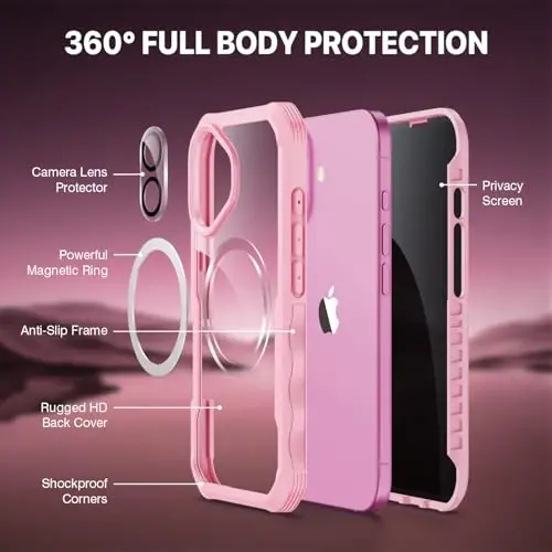 CENHUFO Magnetic Privacy for iPhone 16 Case [Compatible with Magsafe] Full Body Phone Case Built-in 9H Tempered Glass Privacy Screen Protector and Camera Lens Cover, Shockproof Bumper Clear - Pink - 3