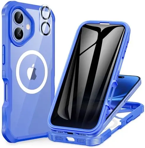 CENHUFO Magnetic Privacy for iPhone 16 Plus Case [Compatible with Magsafe] Full Body Phone Case Built-in 9H Tempered Glass Privacy Screen Protector and Camera Lens Cover, Shockproof Bumper -Light blue 