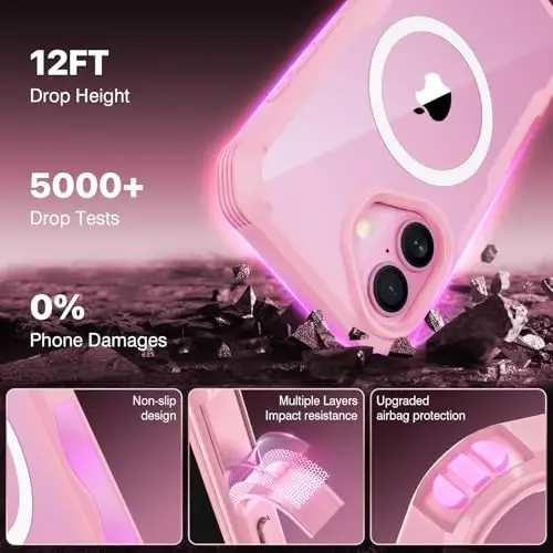 CENHUFO Magnetic Privacy for iPhone 16 Plus Case [Compatible with Magsafe] Full Body Phone Case Built-in 9H Tempered Glass Privacy Screen Protector and Camera Lens Cover, Shockproof Bumper - Pink - 5