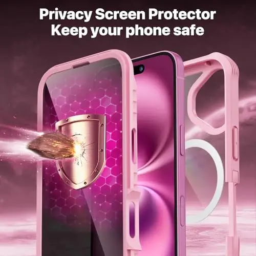 CENHUFO Magnetic Privacy for iPhone 16 Plus Case [Compatible with Magsafe] Full Body Phone Case Built-in 9H Tempered Glass Privacy Screen Protector and Camera Lens Cover, Shockproof Bumper - Pink - 6