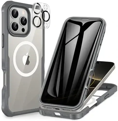 CENHUFO Magnetic Privacy for iPhone 16 Pro Case [Compatible with Magsafe] Full Body Phone Case Built-in 9H Tempered Glass Privacy Screen Protector and Camera Lens Cover, Shockproof Bumper - Gray - CENHUFO
