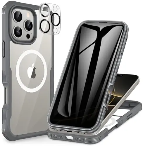 CENHUFO Magnetic Privacy for iPhone 16 Pro Case [Compatible with Magsafe] Full Body Phone Case Built-in 9H Tempered Glass Privacy Screen Protector and Camera Lens Cover, Shockproof Bumper - Gray 