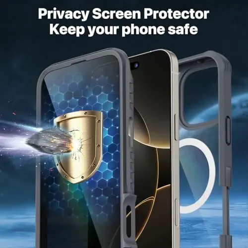 CENHUFO Magnetic Privacy for iPhone 16 Pro Case [Compatible with Magsafe] Full Body Phone Case Built-in 9H Tempered Glass Privacy Screen Protector and Camera Lens Cover, Shockproof Bumper - Gray - 6