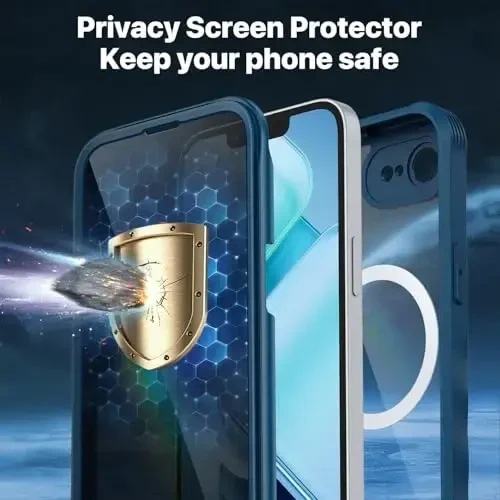 CENHUFO Magnetic Privacy for iPhone 16E Case [Compatible with Magsafe] Full Body Phone Case Built-in 9H Tempered Glass Privacy Screen Protector and Camera Protector, Shockproof Bumper Cover - Blue - 6
