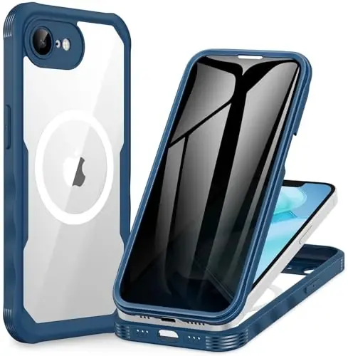 CENHUFO Magnetic Privacy for iPhone 16E Case [Compatible with Magsafe] Full Body Phone Case Built-in 9H Tempered Glass Privacy Screen Protector and Camera Protector, Shockproof Bumper Cover - Blue 