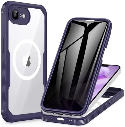 CENHUFO Magnetic Privacy for iPhone 16E Case [Magsafe bilan mos] To'liq korpusli telefon qutisi O'rnatilgan 9H temperli shisha maxfiylik ekrani himoyachisi va kamera himoyachisi, zarbga chidamli bamper qopqog'i - Binafsha 