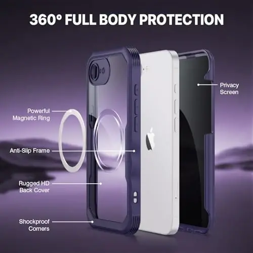 CENHUFO Magnetic Privacy for iPhone 16E Case [Magsafe bilan mos] To'liq korpusli telefon qutisi O'rnatilgan 9H temperli shisha maxfiylik ekrani himoyachisi va kamera himoyachisi, zarbga chidamli bamper qopqog'i - Binafsha - 3