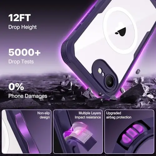 CENHUFO Magnetic Privacy for iPhone 16E Case [Magsafe bilan mos] To'liq korpusli telefon qutisi O'rnatilgan 9H temperli shisha maxfiylik ekrani himoyachisi va kamera himoyachisi, zarbga chidamli bamper qopqog'i - Binafsha - 4