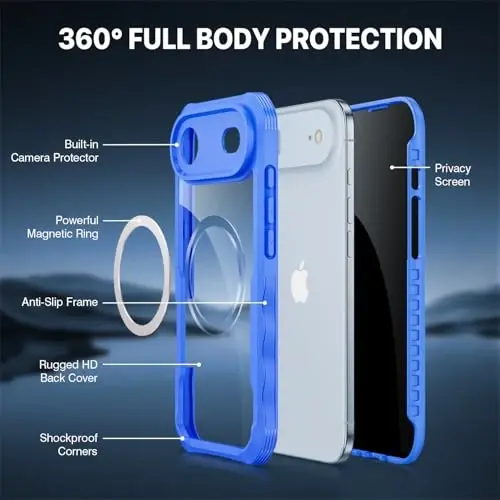 CENHUFO Magnetic Privacy for iPhone 17 Air Case [Compatible with Magsafe] Full Body Phone Case Built-in 9H Tempered Glass Privacy Screen Protector, Camera Protection Shockproof Bumper Cover -Blue - 3