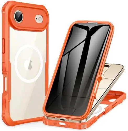 CENHUFO Magnetic Privacy for iPhone 17 Air Case [Compatible with Magsafe] Full Body Phone Case Built-in 9H Tempered Glass Privacy Screen Protector, Camera Protection Shockproof Bumper Cover -Orange 