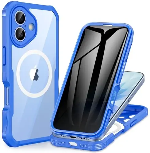 CENHUFO Magnetic Privacy for iPhone 17 Case [Compatible with Magsafe] Full Body Phone Case Built-in 9H Tempered Glass Privacy Screen Protector Camera Protection Shockproof Bumper Clear Cover -Blue - CENHUFO