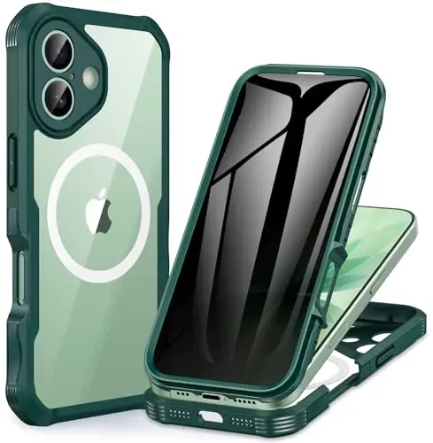 CENHUFO Magnetic Privacy for iPhone 17 Case [Compatible with Magsafe] Full Body Phone Case Built-in 9H Tempered Glass Privacy Screen Protector Camera Protection Shockproof Bumper Clear Cover -Green - 1