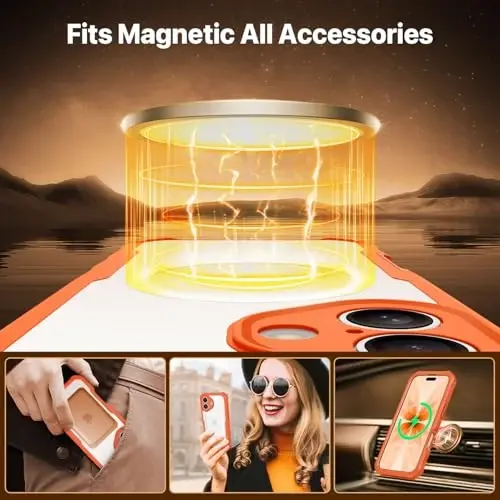 CENHUFO Magnetic Privacy for iPhone 17 Case [Compatible with Magsafe] Full Body Phone Case Built-in 9H Tempered Glass Privacy Screen Protector Camera Protection Shockproof Bumper Clear Cover -Orange - 4