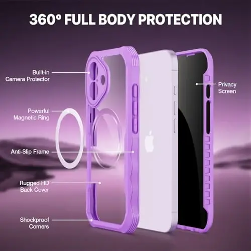 CENHUFO Magnetic Privacy for iPhone 17 Case [Compatible with Magsafe] Full Body Phone Case Built-in 9H Tempered Glass Privacy Screen Protector Camera Protection Shockproof Clear Cover -Rose Pink - 3