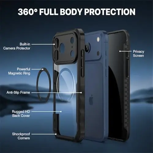 CENHUFO Magnetic Privacy for iPhone 17 Pro Case [Compatible with Magsafe] Full Body Phone Case Built-in 9H Tempered Glass Privacy Screen Protector, Camera Protection Shockproof Bumper Cover -Black - 3