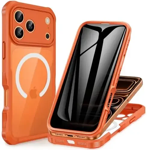 CENHUFO Magnetic Privacy for iPhone 17 Pro Case [Compatible with Magsafe] Full Body Phone Case Built-in 9H Tempered Glass Privacy Screen Protector, Camera Protection Shockproof Bumper Cover -Orange 
