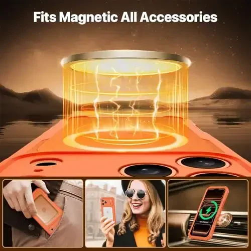 CENHUFO Magnetic Privacy for iPhone 17 Pro Case [Compatible with Magsafe] Full Body Phone Case Built-in 9H Tempered Glass Privacy Screen Protector, Camera Protection Shockproof Bumper Cover -Orange - 4