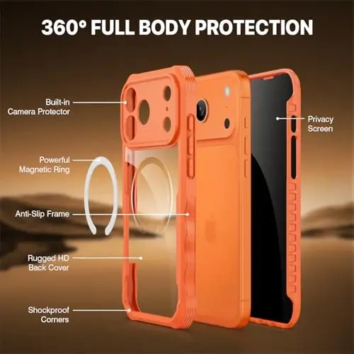 CENHUFO Magnetic Privacy for iPhone 17 Pro Case [Compatible with Magsafe] Full Body Phone Case Built-in 9H Tempered Glass Privacy Screen Protector, Camera Protection Shockproof Bumper Cover -Orange - 3