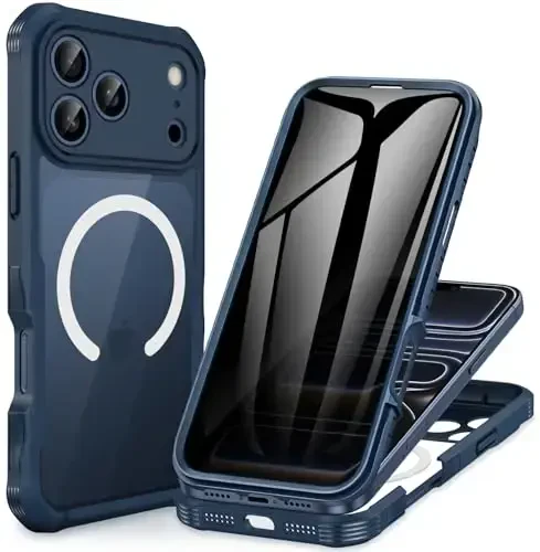 CENHUFO Magnetic Privacy for iPhone 17 Pro Max Case [Compatible with Magsafe] Full Body Phone Case Built-in 9H Tempered Glass Privacy Screen Protector, Camera Protection Shockproof Cover - Blue - CENHUFO