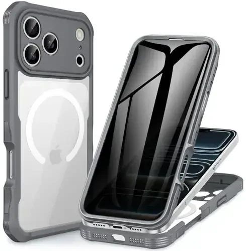 CENHUFO Magnetic Privacy for iPhone 17 Pro Max Case [Compatible with Magsafe] Full Body Phone Case Built-in 9H Tempered Glass Privacy Screen Protector, Camera Protection Shockproof Cover - Grey - 1