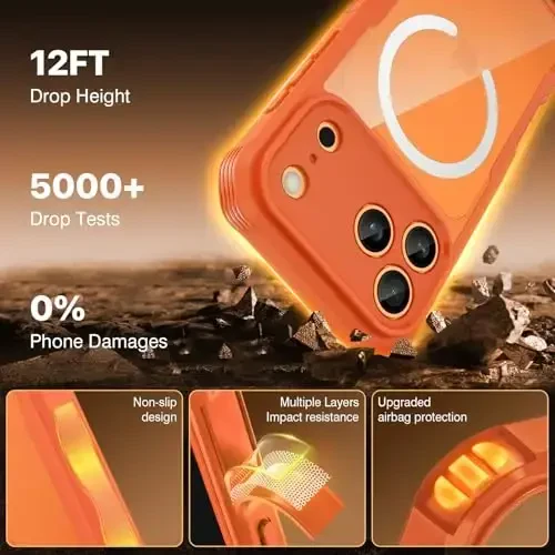CENHUFO Magnetic Privacy for iPhone 17 Pro Max Case [Compatible with Magsafe] Full Body Phone Case Built-in 9H Tempered Glass Privacy Screen Protector, Camera Protection Shockproof Cover - Orange - 6