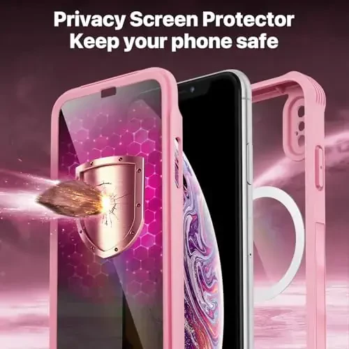 CENHUFO Magnetic Privacy for iPhone X Case/iPhone Xs Case, Full Body Phone Case Built-in 9H Tempered Glass Privacy Screen Protector [Compatible with Magsafe] Shockproof Bumper Clear Cover - Pink - 3