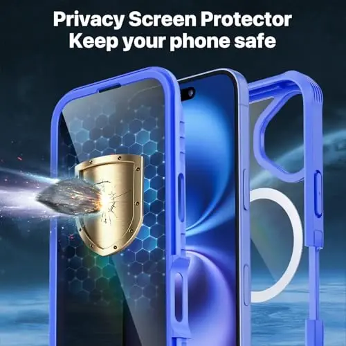 CENHUFO Магнитный чехол с защитой конфиденциальности для iPhone 16 Plus [Совместим с Magsafe] Цельный чехол со встроенным защитным экраном из закаленного стекла 9H и защитной линзой камеры, ударопрочный бампер — светло-голубой - 5