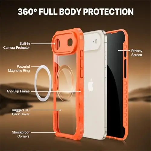 CENHUFO Магнитный чехол с защитой конфиденциальности для iPhone 17 Air [Совместимо с Magsafe], полноразмерный корпус со встроенным защитным экраном из закаленного стекла 9H, противоударный бампер с защитой камеры — оранжевый - 3