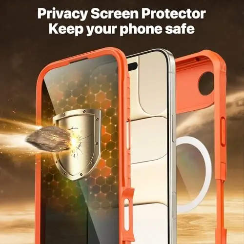 CENHUFO Магнитный чехол с защитой конфиденциальности для iPhone 17 Air [Совместимо с Magsafe], полноразмерный корпус со встроенным защитным экраном из закаленного стекла 9H, противоударный бампер с защитой камеры — оранжевый - 5