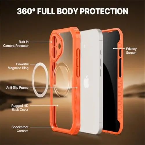 CENHUFO Магнитный чехол с защитой от конфиденциальности для iPhone 17 [Совместимо с Magsafe] Чехол для всего корпуса со встроенным защитным экраном из закаленного стекла 9H Защита камеры Ударопрочный бампер Прозрачная крышка - Оранжевый - 3