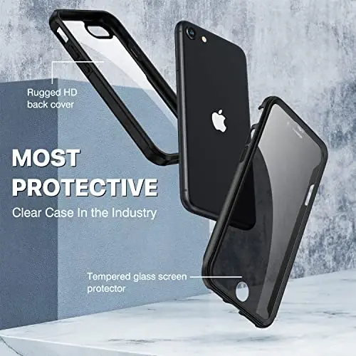 CENHUFO Privacy Case for iPhone SE 2022 3rd / iPhone SE 2020 2nd / iPhone 8/7, Full Body Phone Cover with Built-in 9H Tempered Glass Privacy Screen Protector, Anti Peep Shockproof Bumper - Black - 3