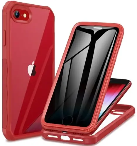 CENHUFO Privacy Case for iPhone SE 2022 3rd / iPhone SE 2020 2nd / iPhone 8/7, Full Body Phone Cover with Built-in 9H Tempered Glass Privacy Screen Protector, Anti Peep Shockproof Bumper - Red - 6