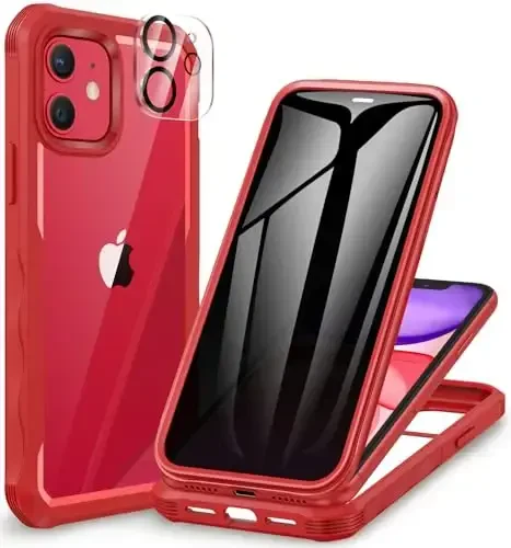 CENHUFO Privacy for iPhone 11 Case, Full Body Phone Case with Built-in 9H Tempered Glass Privacy Screen Protector and Camera Lens Protector, Anti Peep Spy Shockproof Bumper Clear Cover - Red - 6