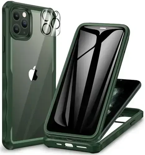 CENHUFO Privacy for iPhone 11 Pro Case, Full Body Phone Case with Built-in 9H Tempered Glass Privacy Screen Protector and Camera Lens Protector, Anti Peep Spy Shockproof Bumper Clear Cover - Green - 6
