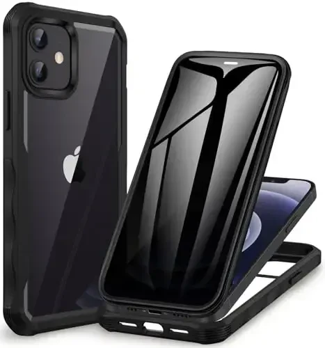 CENHUFO Privacy for iPhone 12 Case/iPhone 12 Pro Case, Full Body Phone Case with Built-in 9H Tempered Glass Privacy Screen Protector and Camera Lens Protector, Shockproof Bumper Clear Cover -Black - CENHUFO
