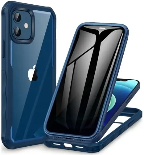 CENHUFO Privacy for iPhone 12 Case/iPhone 12 Pro Case, Full Body Phone Case with Built-in 9H Tempered Glass Privacy Screen Protector and Camera Lens Protector, Shockproof Bumper Clear Cover -Blue - 6