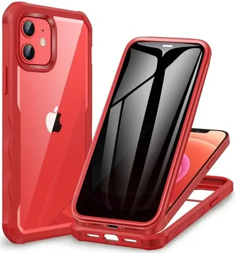 CENHUFO Privacy for iPhone 12 Case/iPhone 12 Pro Case, Full Body Phone Case with Built-in 9H Tempered Glass Privacy Screen Protector and Camera Lens Protector, Shockproof Bumper Clear Cover -Red - 6
