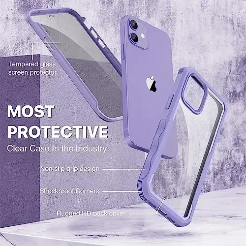 CENHUFO Privacy for iPhone 12 Case/iPhone 12 Pro Case, Full Body Phone Case with Built-in Tempered Glass Privacy Screen Protector and Camera Lens Protector, Shockproof Bumper Clear Cover -Purple - 2