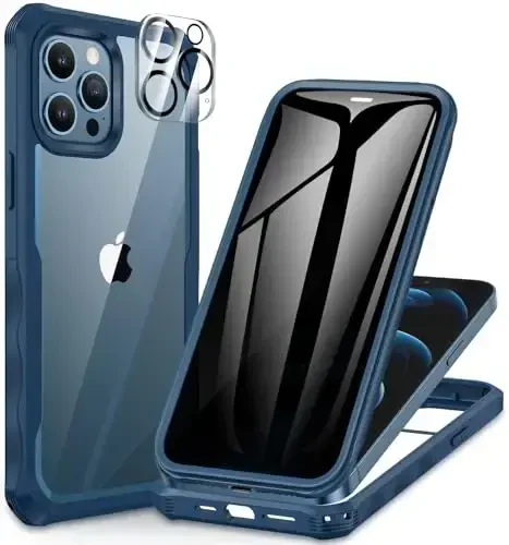 CENHUFO Privacy for iPhone 12 Pro Max Case, Full Body Phone Case with Built-in 9H Tempered Glass Privacy Screen Protector and Camera Lens Protector, Anti Peep Shockproof Bumper Clear Cover - Blue - 6