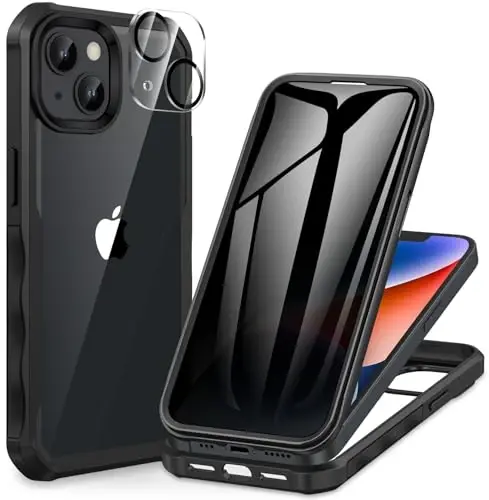 CENHUFO Privacy for iPhone 14 Case/iPhone 13 Case, Full Body Phone Case with Built-in 9H Tempered Glass Privacy Screen Protector and Camera Lens Protector, Shockproof Bumper Clear Cover - Black 