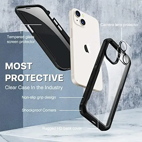 CENHUFO Privacy for iPhone 14 Case/iPhone 13 Case, Full Body Phone Case with Built-in 9H Tempered Glass Privacy Screen Protector and Camera Lens Protector, Shockproof Bumper Clear Cover - Black - 3