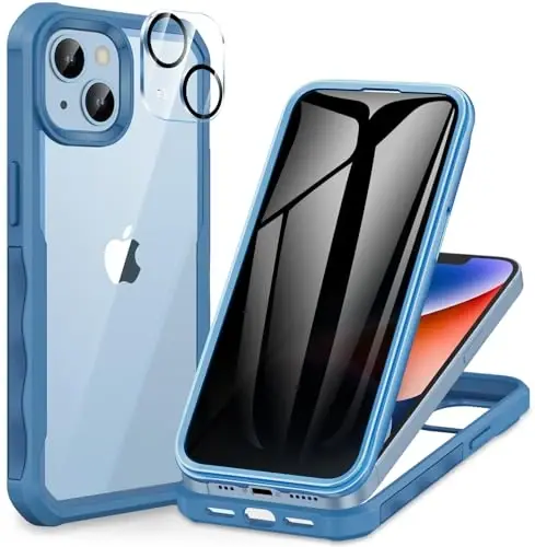 CENHUFO Privacy for iPhone 14 Case/iPhone 13 Case, Full Body Phone Case with Built-in 9H Tempered Glass Privacy Screen Protector and Camera Lens Protector, Shockproof Bumper Clear Cover - Blue 