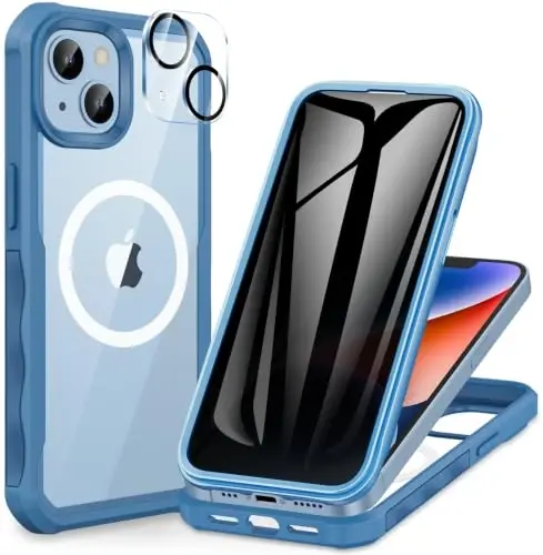 CENHUFO Privacy for iPhone 14 Case/iPhone 13 Case, Full Body Phone Case with Built-in 9H Tempered Glass Privacy Screen Protector and Camera Lens Protector, Shockproof Bumper Clear Cover - Blue 