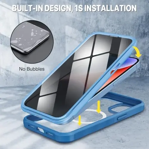 CENHUFO Privacy for iPhone 14 Case/iPhone 13 Case, Full Body Phone Case with Built-in 9H Tempered Glass Privacy Screen Protector and Camera Lens Protector, Shockproof Bumper Clear Cover - Blue - 3