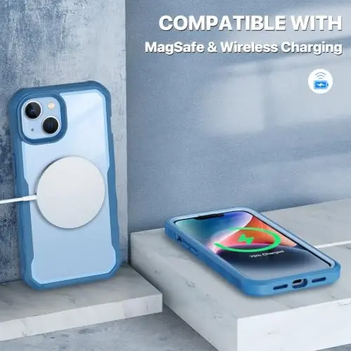 CENHUFO Privacy for iPhone 14 Case/iPhone 13 Case, Full Body Phone Case with Built-in 9H Tempered Glass Privacy Screen Protector and Camera Lens Protector, Shockproof Bumper Clear Cover - Blue - 6